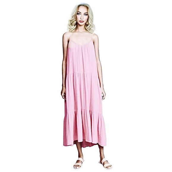 Xirena Pink Ruby Scoop Neck Tiered Ruffle Spaghetti Strap Krinkle Gauze Dress M - Picture 1 of 12
